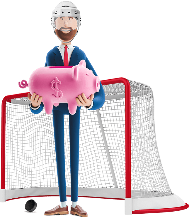 Billy dressed in hockey gear in front of a hockey net