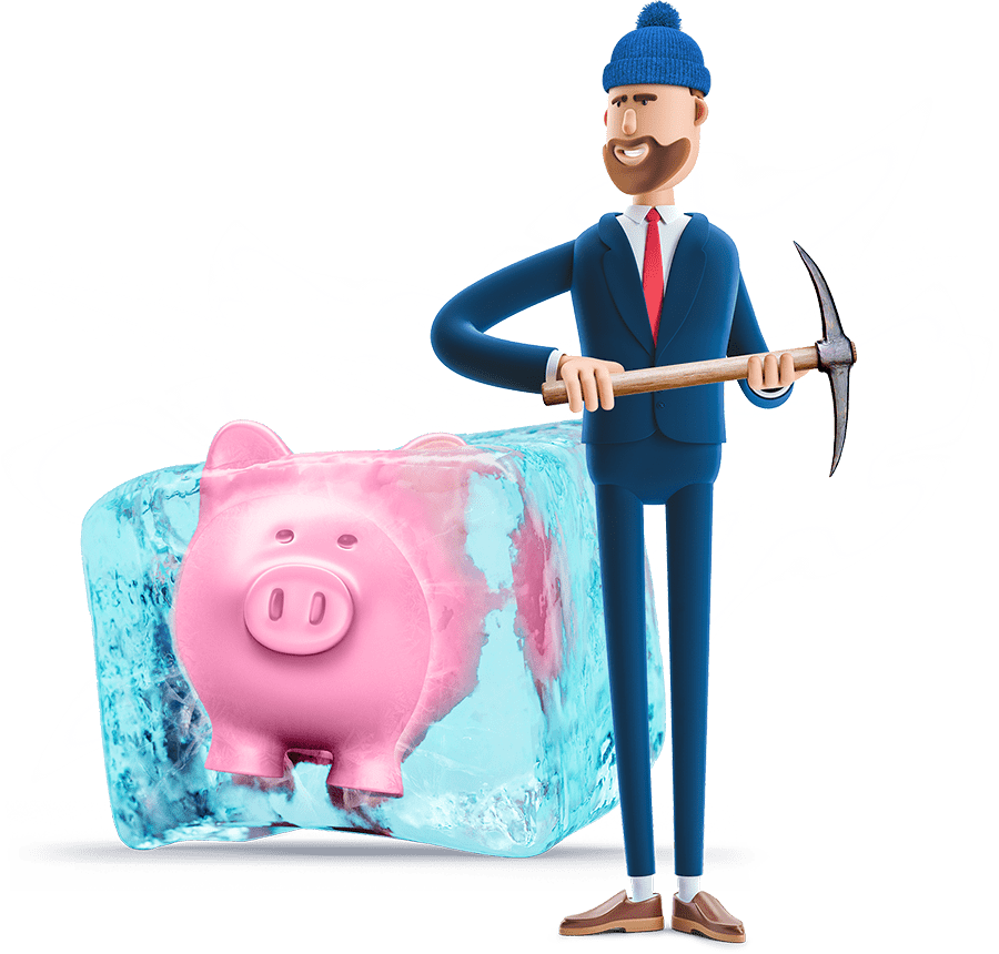 Billy with a pickaxe and a piggybank in ice