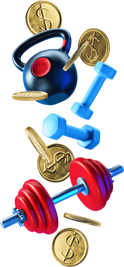 Dumbbell, weights and coins