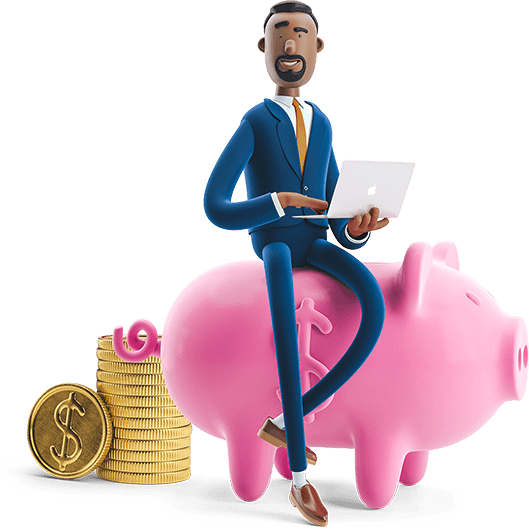Quincy sitting on a piggy bank with a laptop