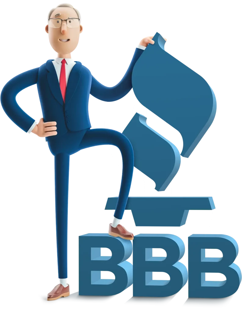 Illustration of a man beside the BBB logo symbolizing that MetCredit has a decade long A+ rating with BBB
