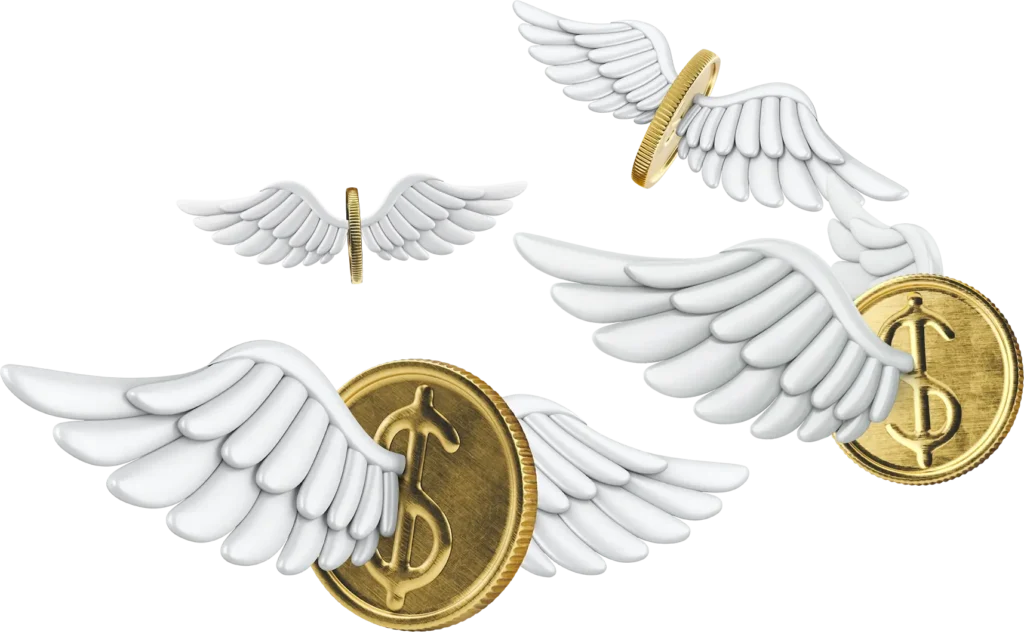 Gold coins with angel wings