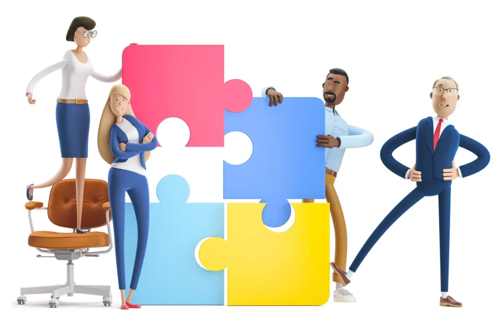 Illustration of MetCredit team members collaborating on a puzzle symbolizing teamwork